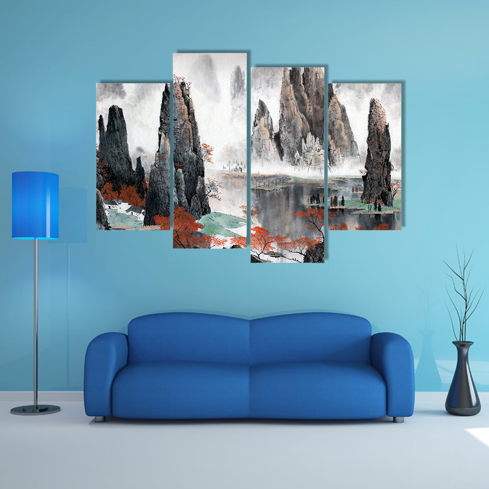 Misty Chinese Mountains with Red Autumn Trees Canvas Wall Art