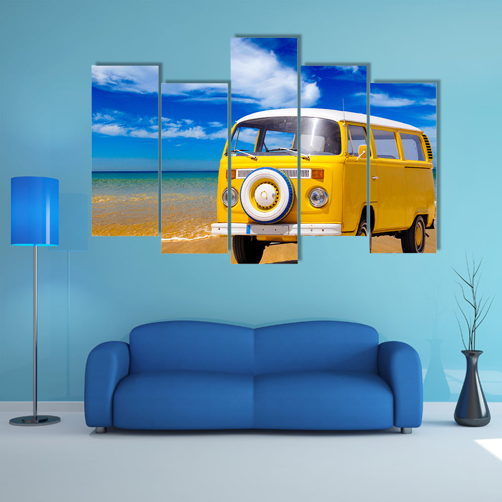 Yellow Vintage Van on Sandy Beach Canvas Wall Art