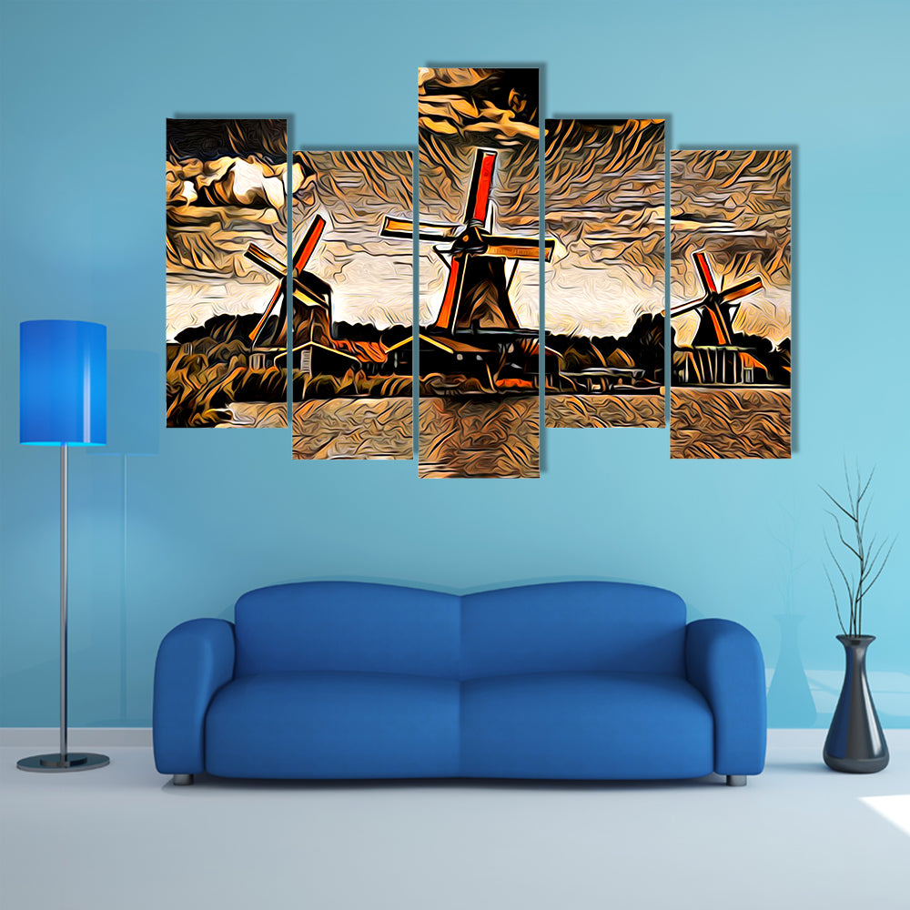 Three Vintage Windmills at Sunset Canvas Wall Art