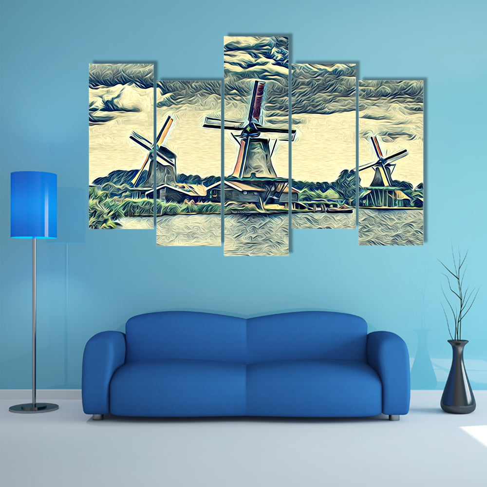 Vintage Dutch Windmills Landscape Canvas Wall Art