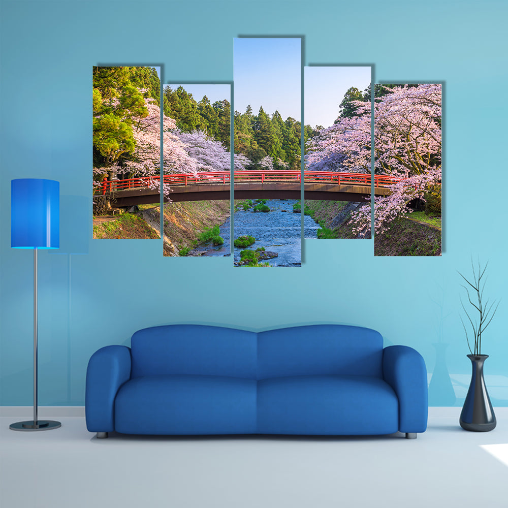 Cherry Blossoms Over Red Arched Bridge Canvas Wall Art