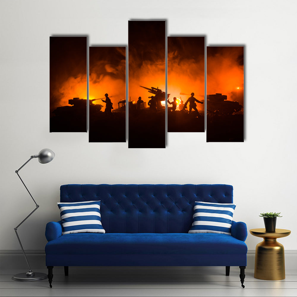 Soldier Silhouettes with Tanks and Anti-aircraft Canvas Wall Art