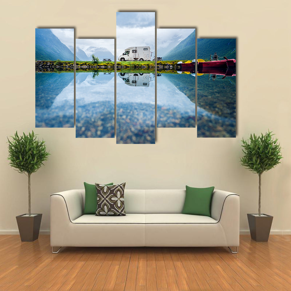 Motorhome by Mountain Lake, Norway Canvas Wall Art