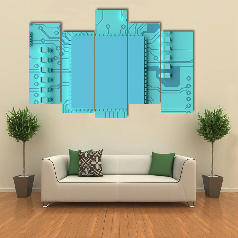 Circuit Board Concept Canvas Wall Art in blue, framed canvas, product view on a white background