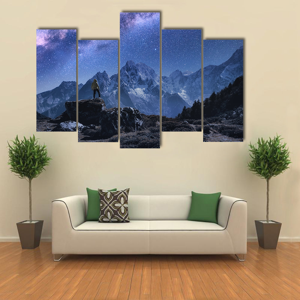 Space With Milky Way And Mountains Canvas Wall Art