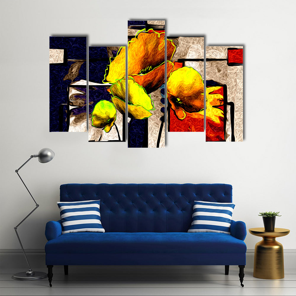 Yellow Poppy Abstract with Geometric Background Canvas Wall Art