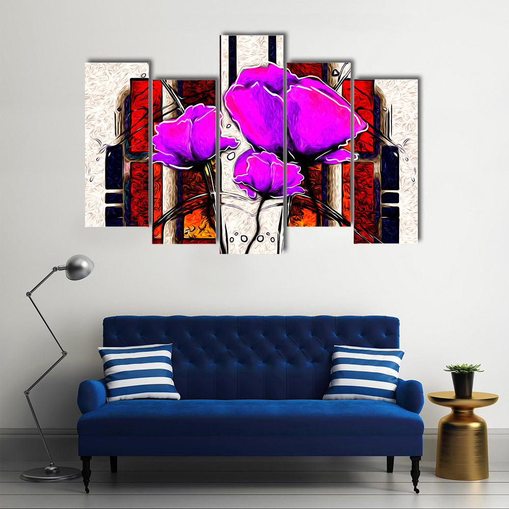 Oil Painted Purple Poppies with Geometric Background Canvas Wall Art
