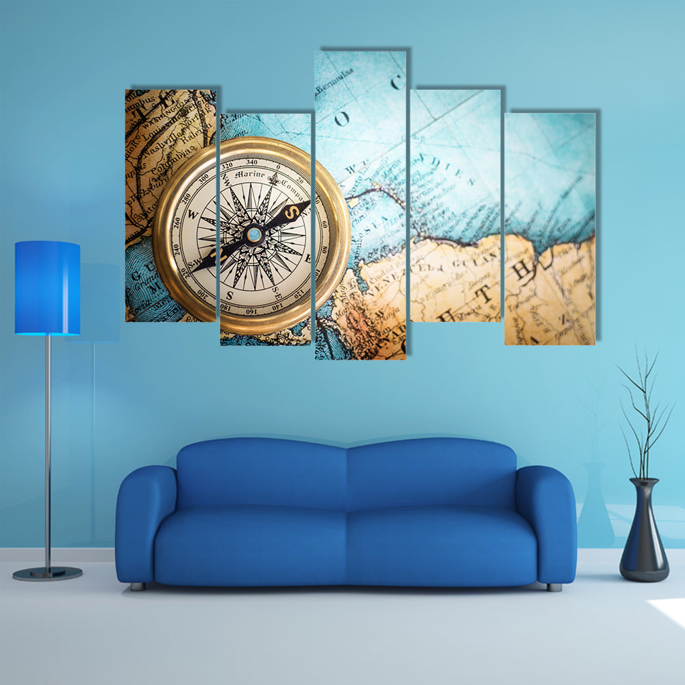 Brass Compass on Antique World Map Canvas Wall Art
