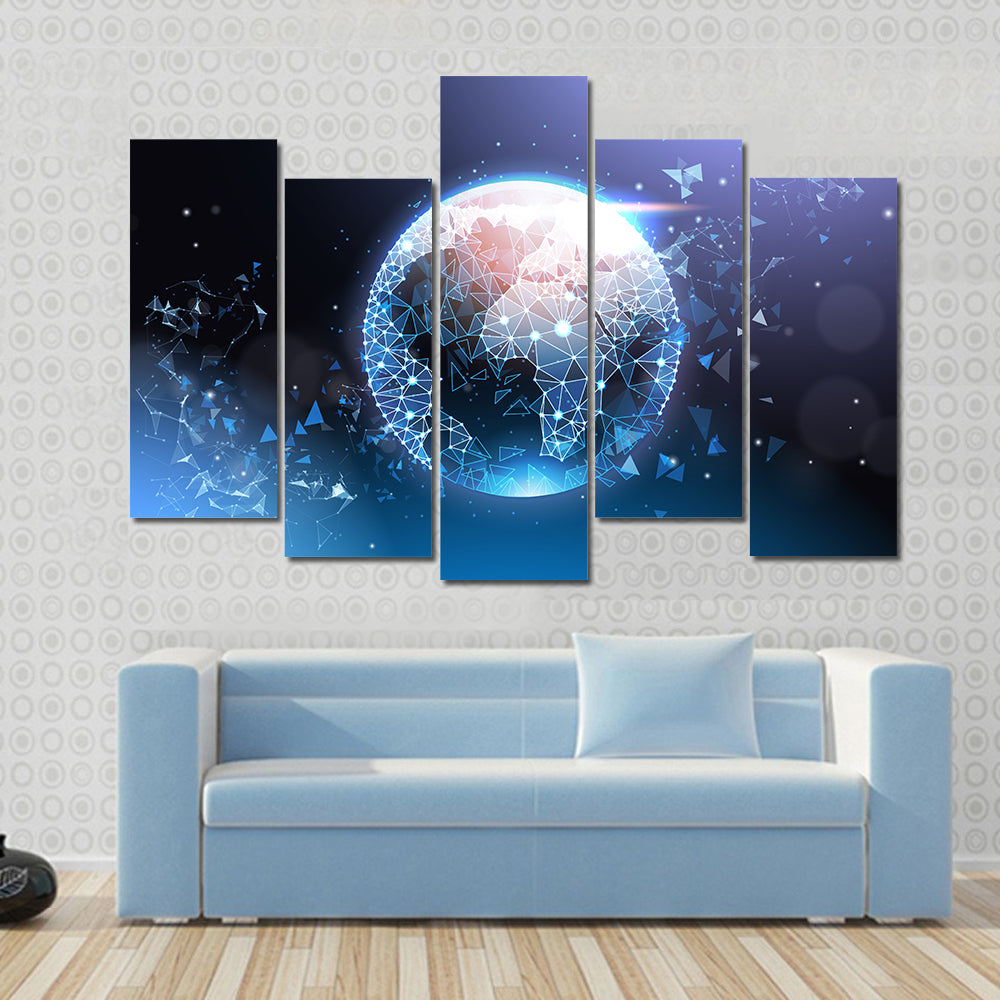 Digital Wireframe Globe Network Canvas Wall Art in black, blue and purple, framed print, product view on a white background