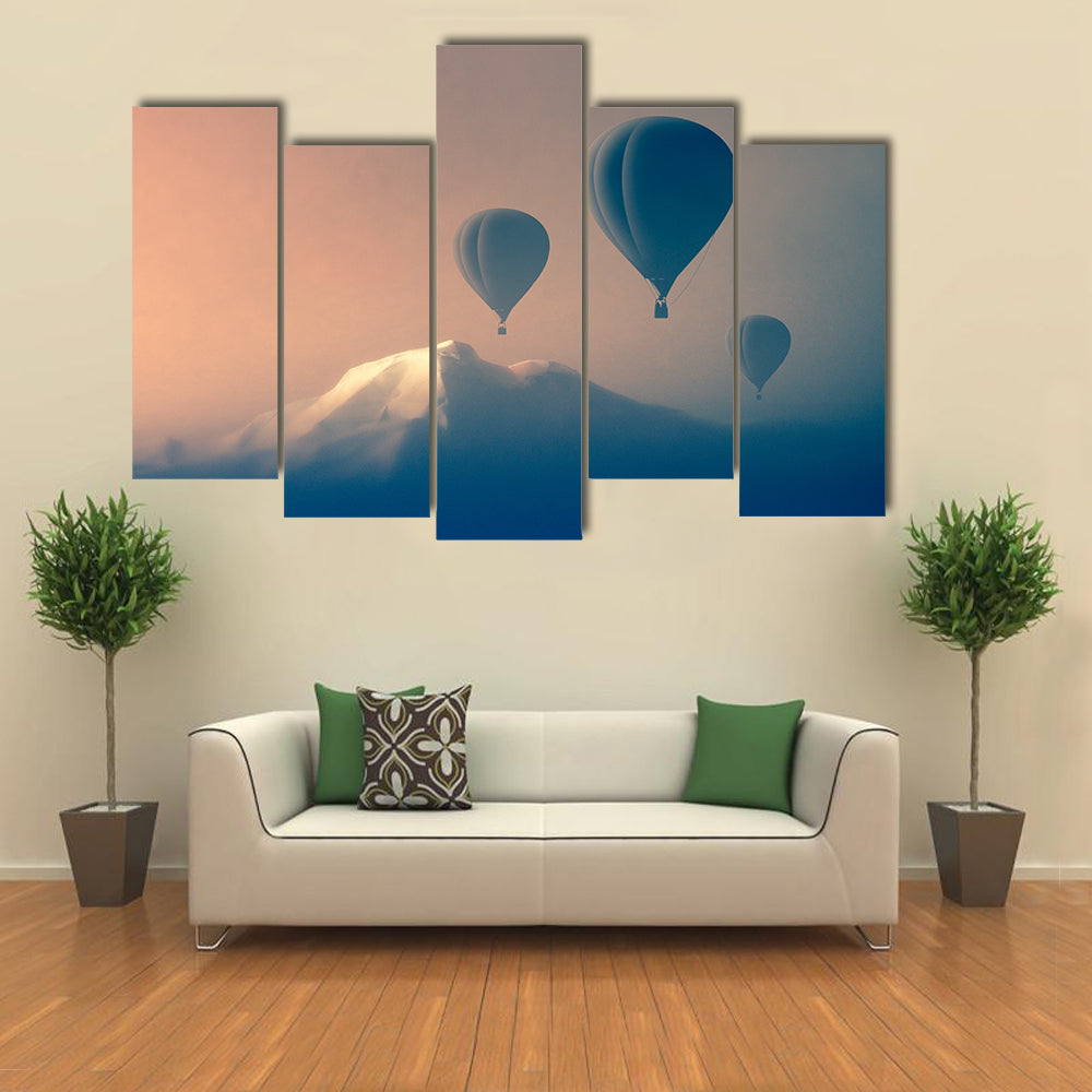 Silhouette Of Air balloon Flying In The Mountains Canvas Wall Art