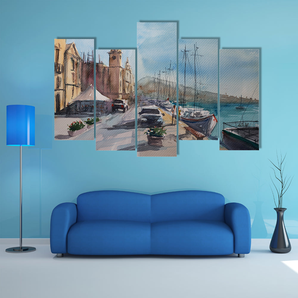 Harbor Town Sketch with Clock Tower Canvas Wall Art