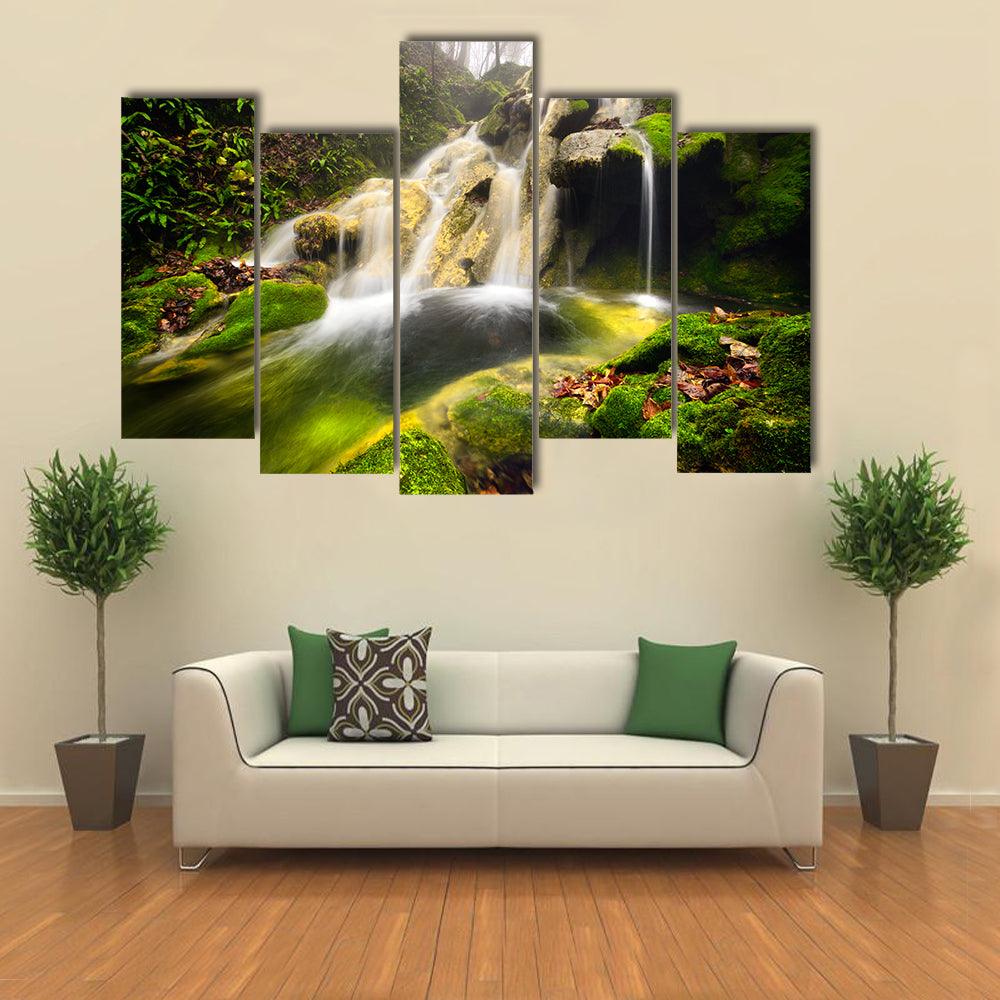 Forest Waterfall with Moss-covered Rocks Canvas Wall Art