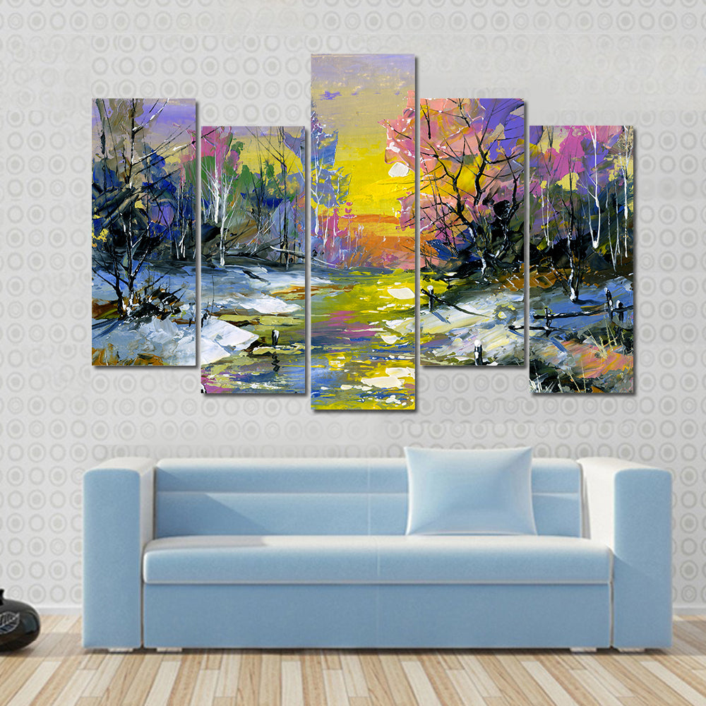 Winter Sunset River in Snowy Forest Canvas Wall Art