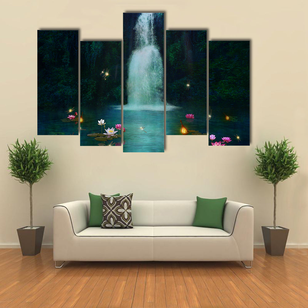 Waterfall with Lotus and Lanterns Canvas Wall Art
