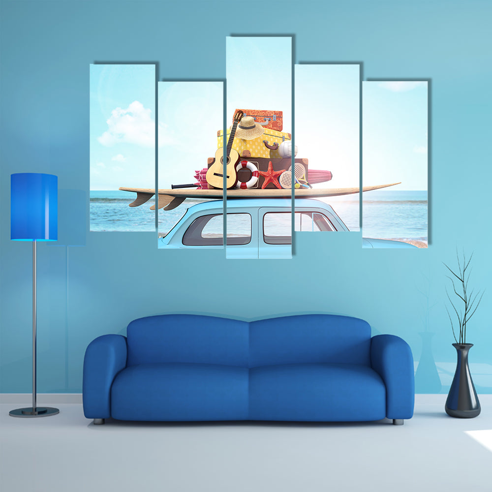 Vintage Beach Car with Surfboard Canvas Wall Art