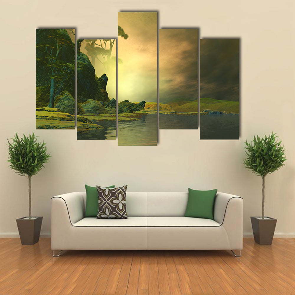 Misty Mountain Lake with Twisted Tree Canvas Wall Art