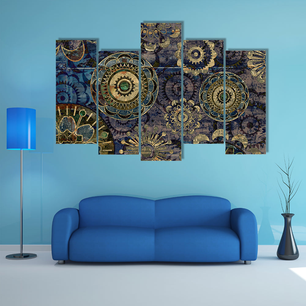 Vintage Floral Mandala Abstract in Navy and Gold Canvas Wall Art