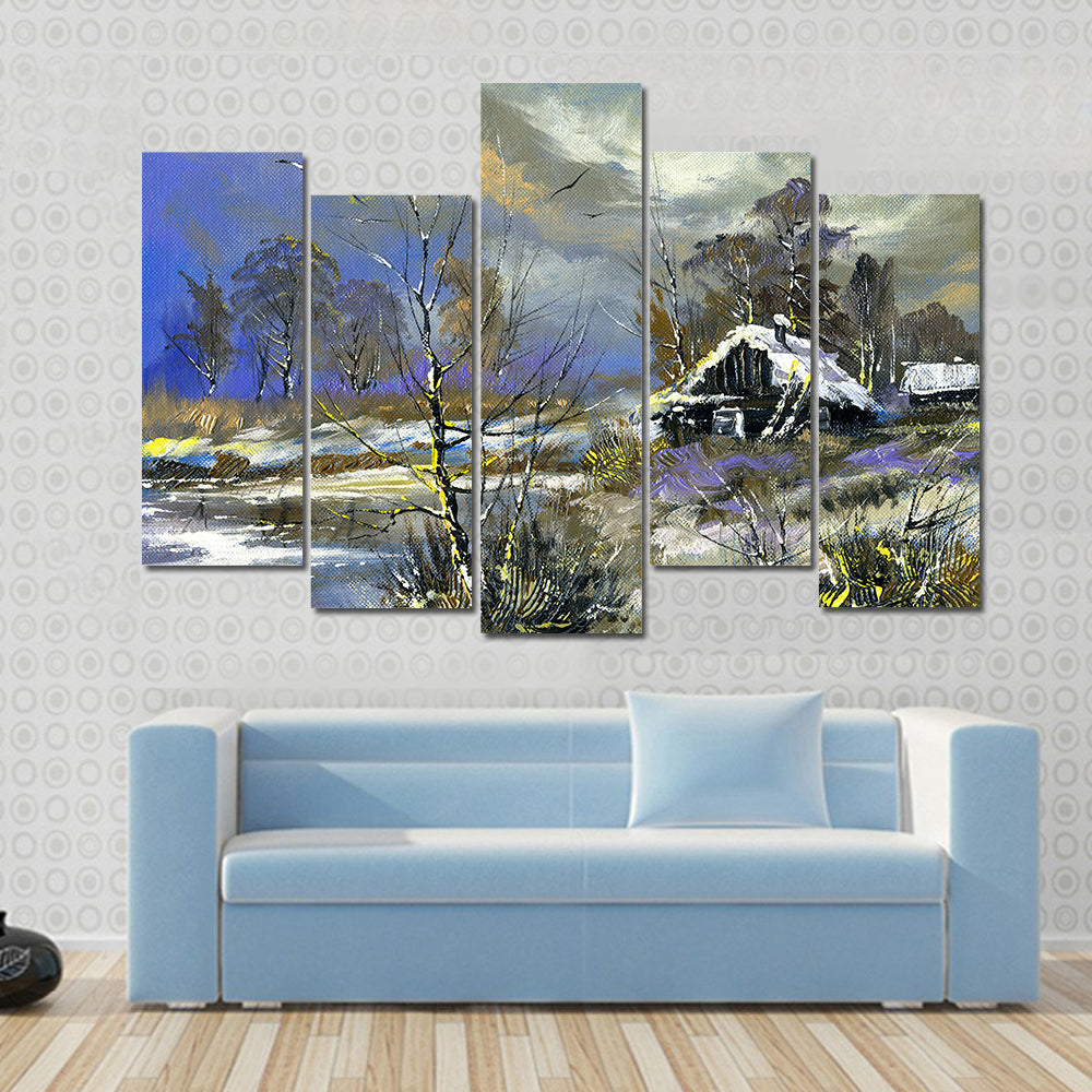 Snow-covered Cabin by the Lake Canvas Wall Art