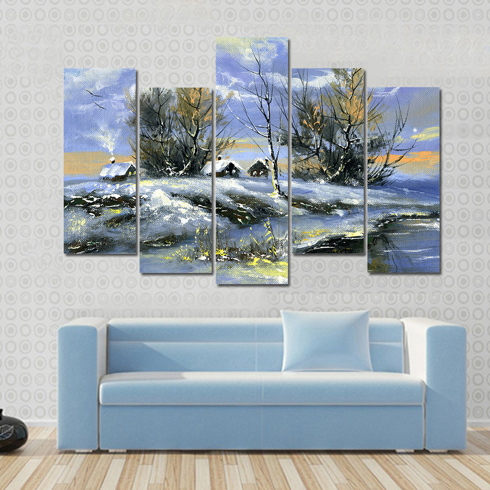 House On Bank Of Lake In Winter Canvas Wall Art