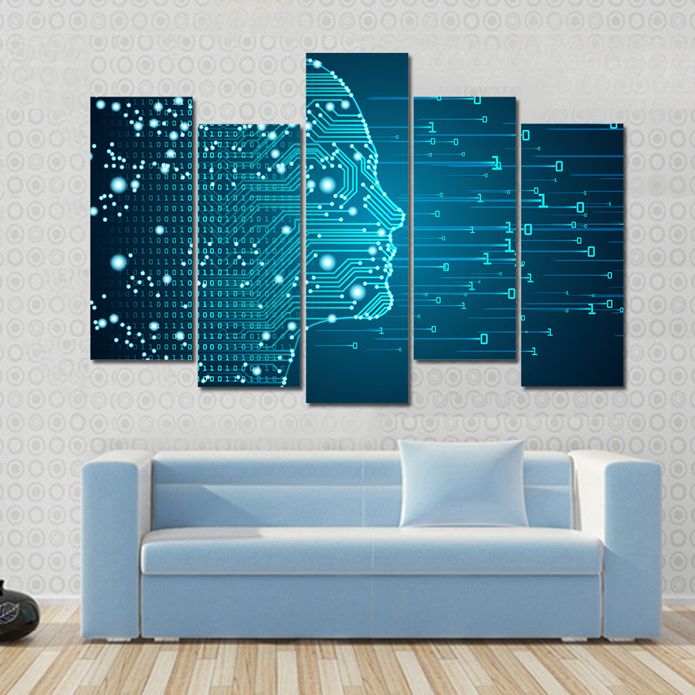 Ai Circuitry Silhouette Canvas Wall Art in black and blue, framed print, product view on a white background
