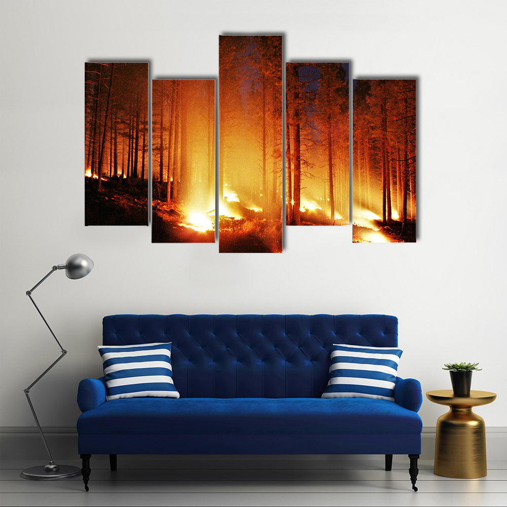 Glowing Forest Fire At Night Canvas Wall Art