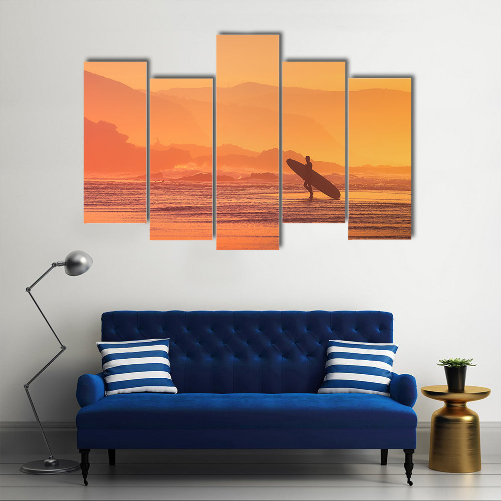 Surfer Silhouette At The Sunset Canvas Wall Art