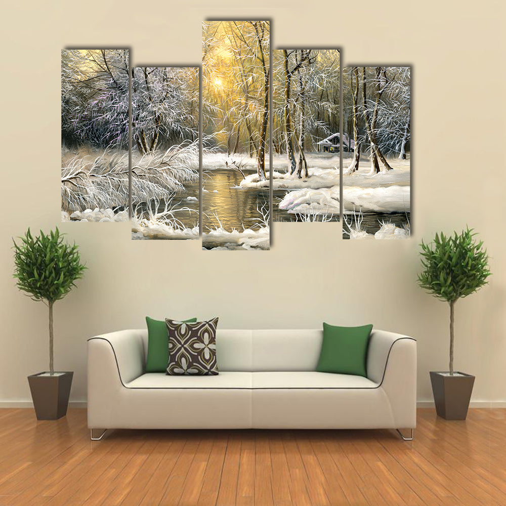Winter Wooden Forest Lake Canvas Wall Art