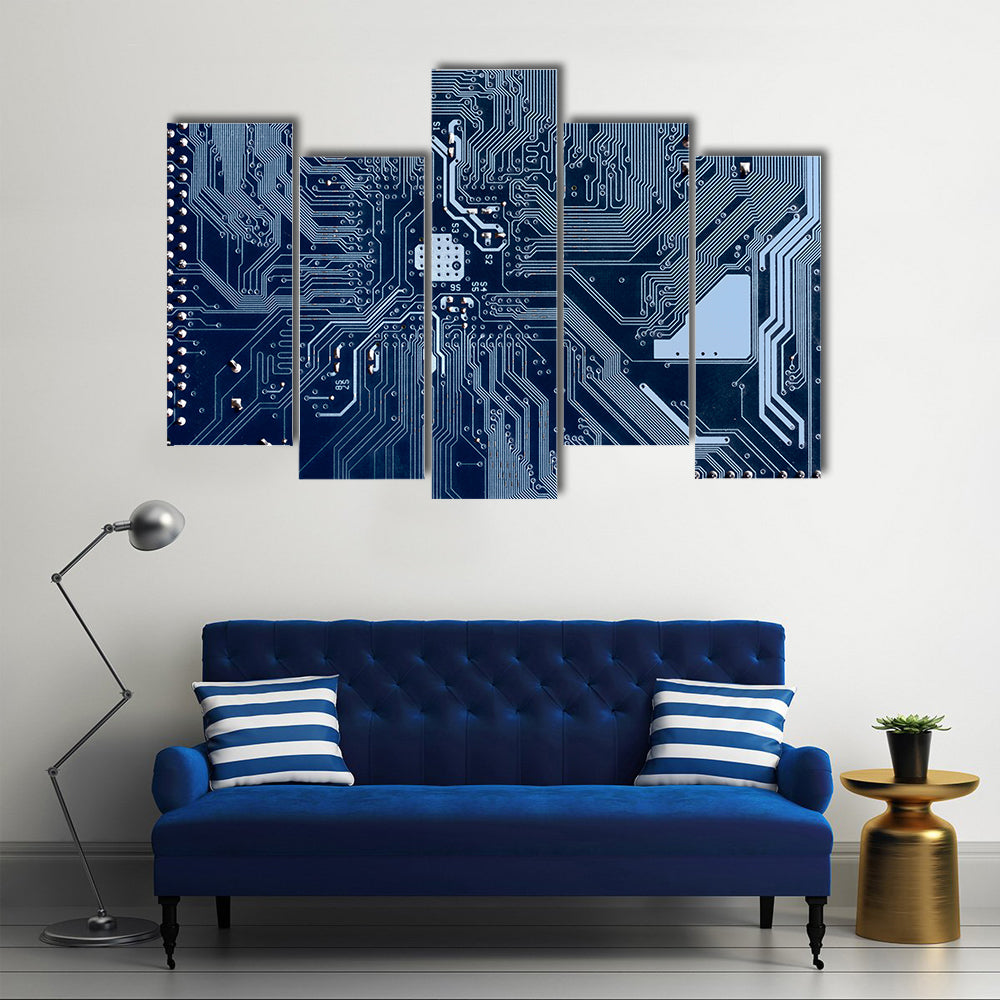 Blue Circuit Board Canvas Wall Art in blue and navy, framed print, product view on a white background
