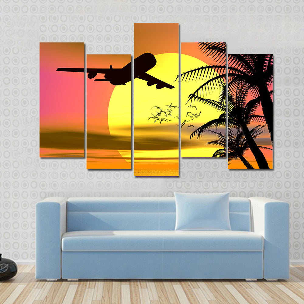 Tropical Sunset With Airplane Canvas Wall Art