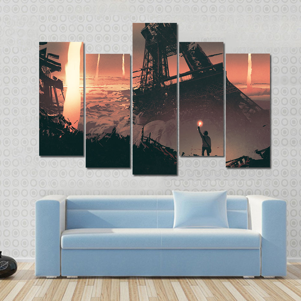 Silhouetted Man at Crumbling Eiffel Tower Canvas Wall Art in black, brown and orange, 5 panel Pop layout hung on a wall