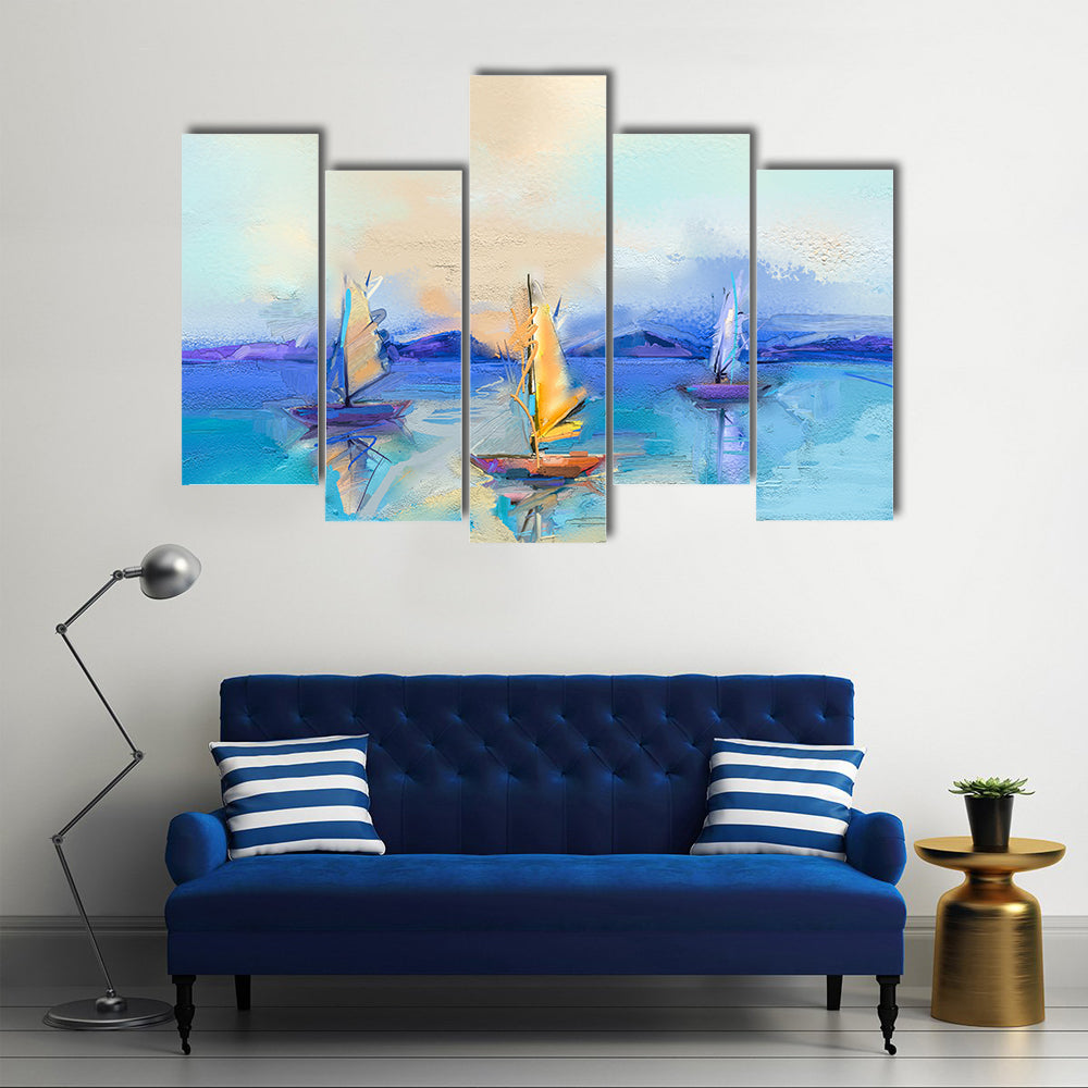 Textured Oil Seascape with Three Sailboats Canvas Wall Art