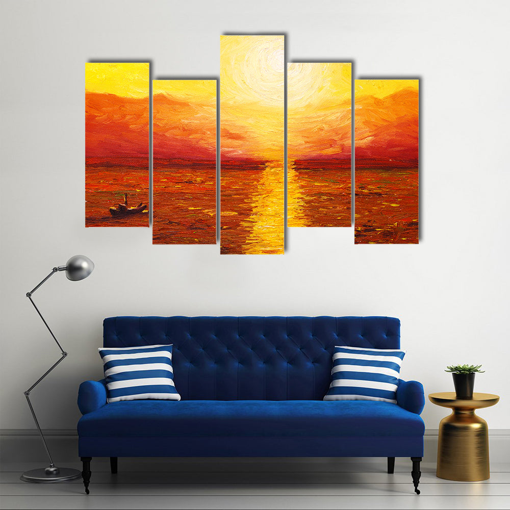 Sunset Sea with Boat Oil Painting Canvas Wall Art