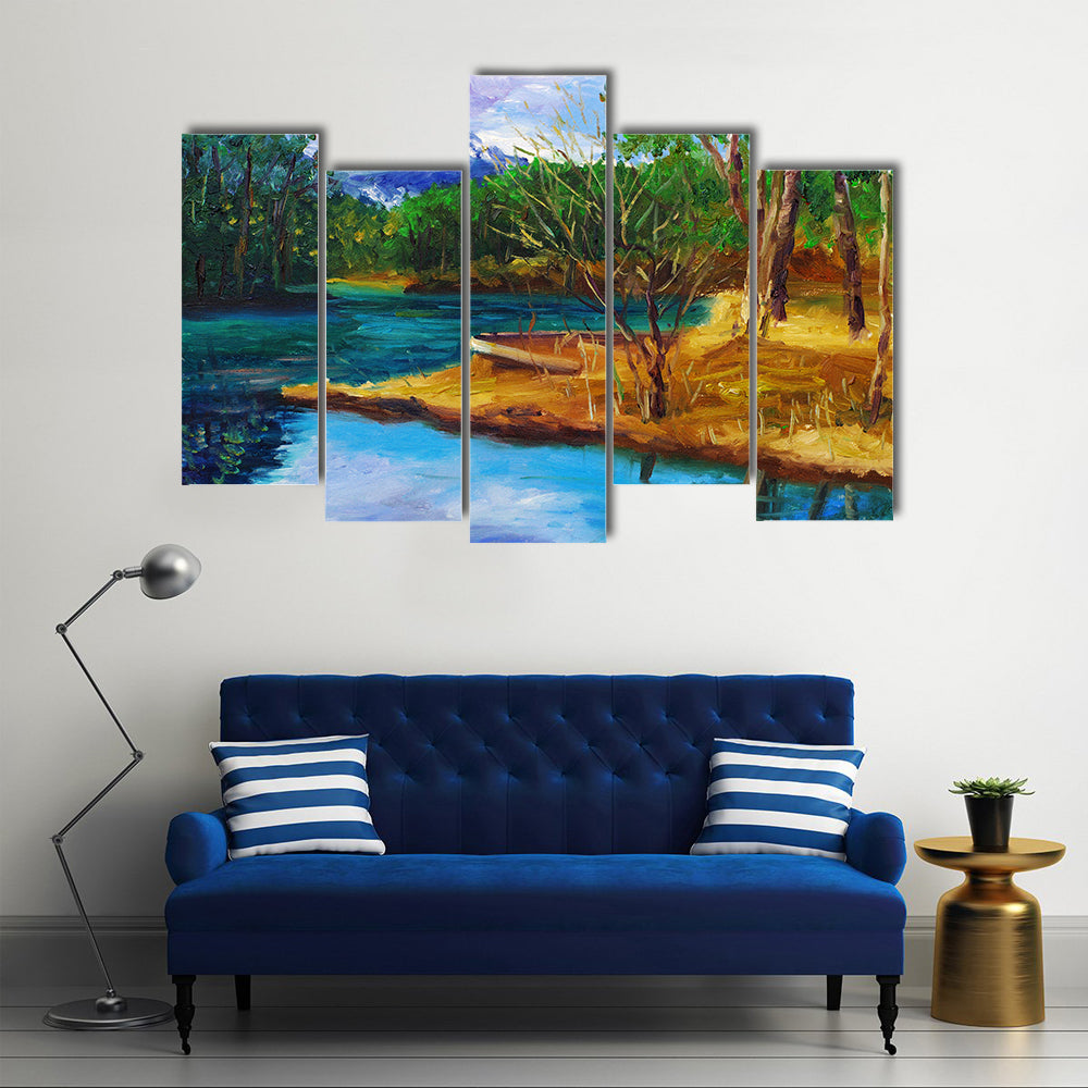 Autumn Lake with Rowboat and Mountain Reflection Canvas Wall Art