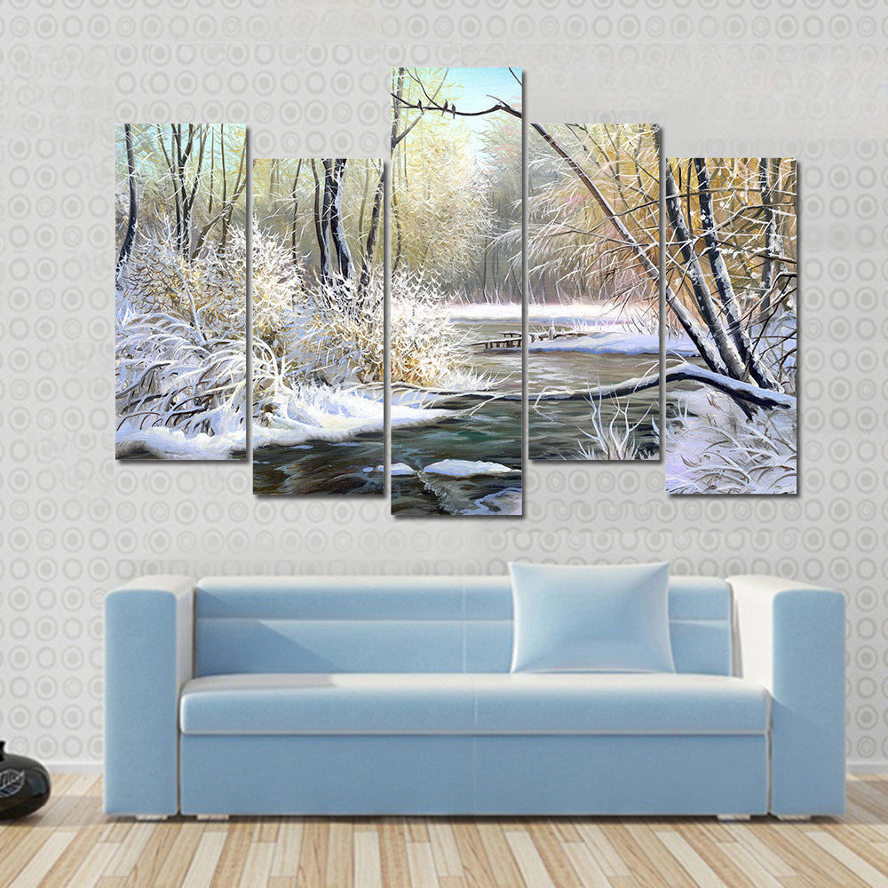 River In Winter Forest Canvas Wall Art