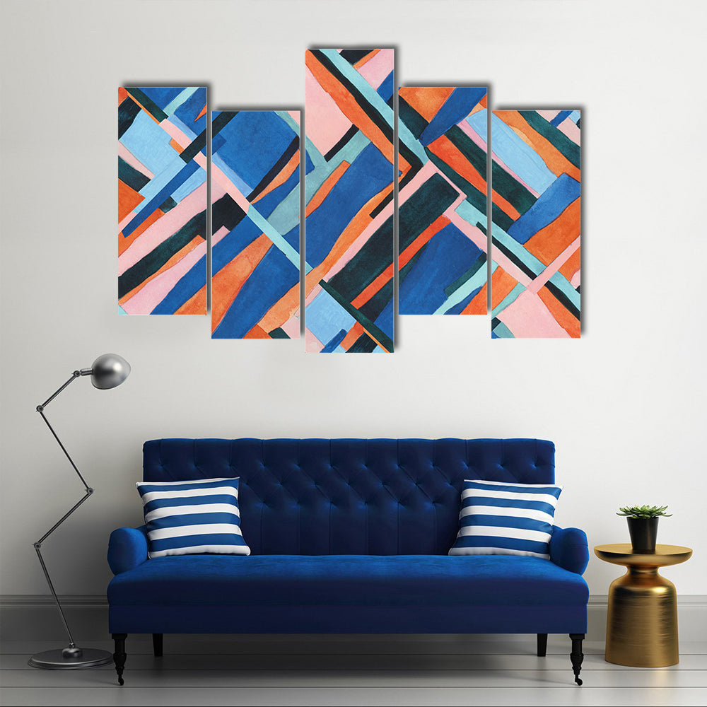 Abstract Geometric Collage in Blue and Orange Canvas Wall Art