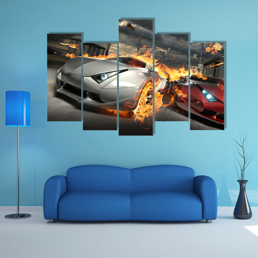 Futuristic Street Car Chase Canvas Wall Art