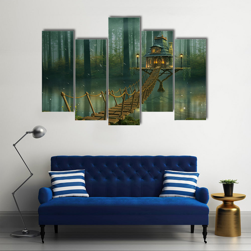 Fairy House on Tree Trunk with Rope Bridge Canvas Wall Art