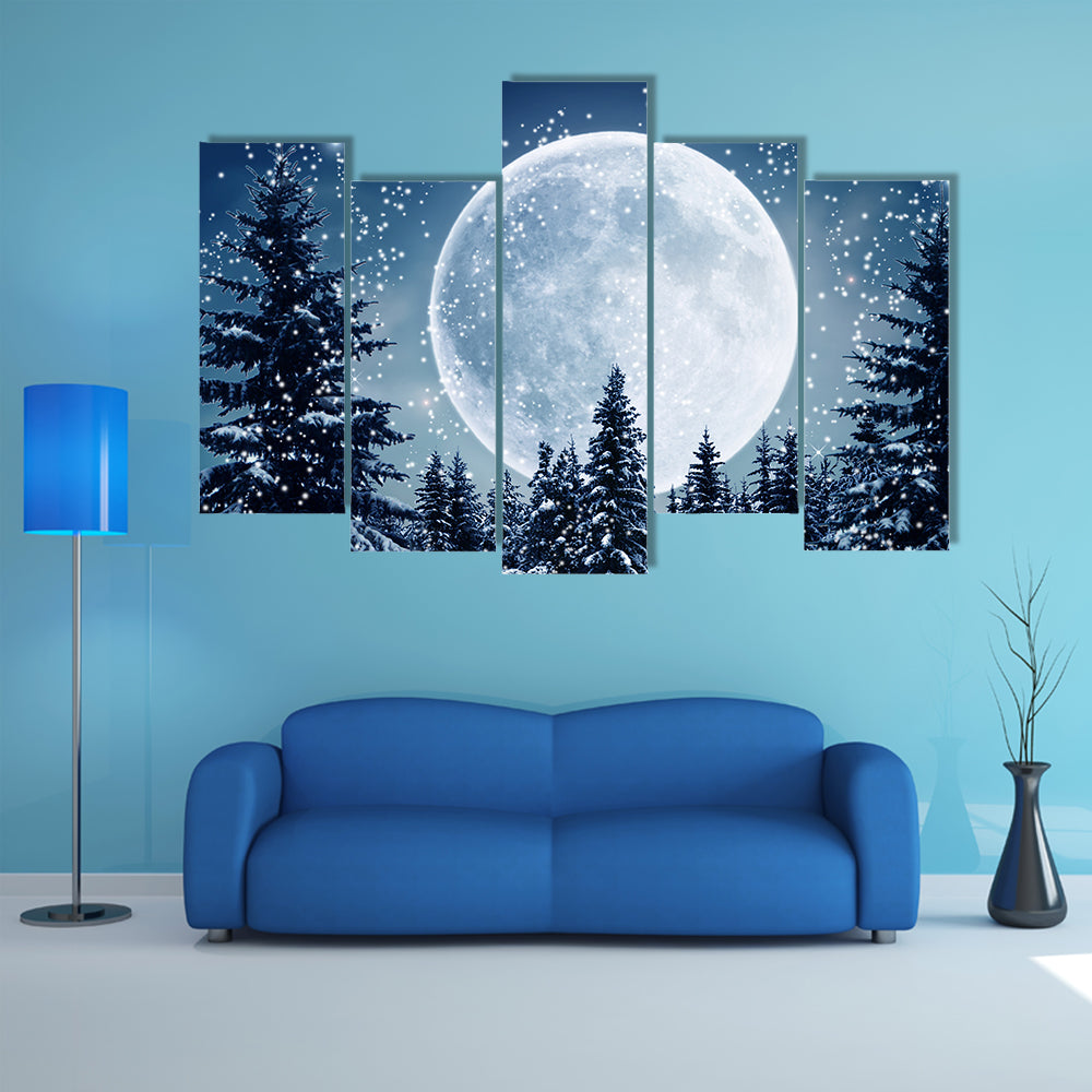 Winter Scene In Full Moon Canvas Wall Art