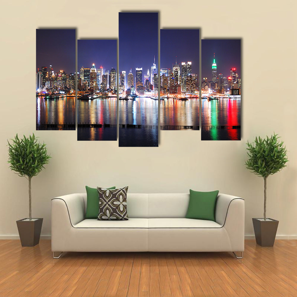 Times Square Reflections Over Hudson River Canvas Wall Art