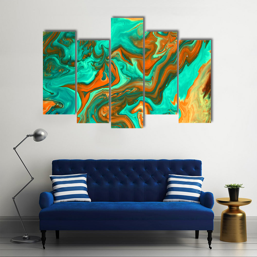 Turquoise and Orange Liquid Abstract Canvas Wall Art