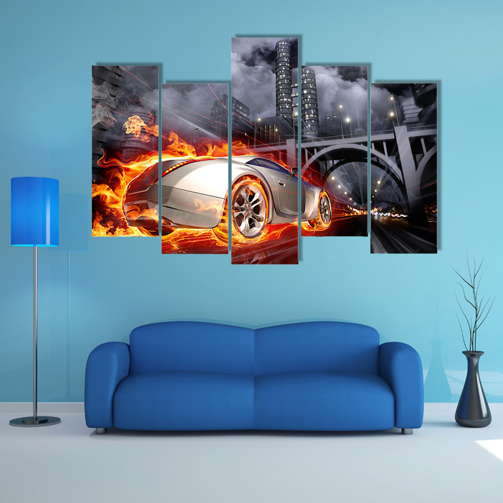 Flaming Sports Car at Night Canvas Wall Art