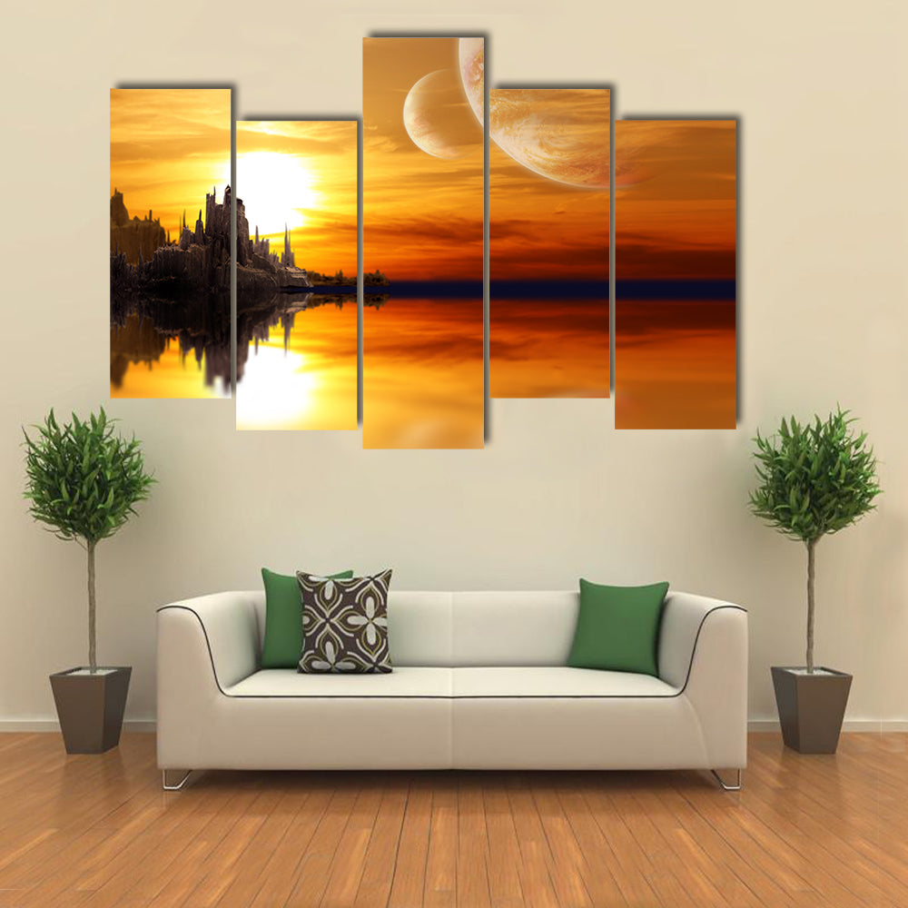 Alien Planet Sunset with Twin Moons Canvas Wall Art