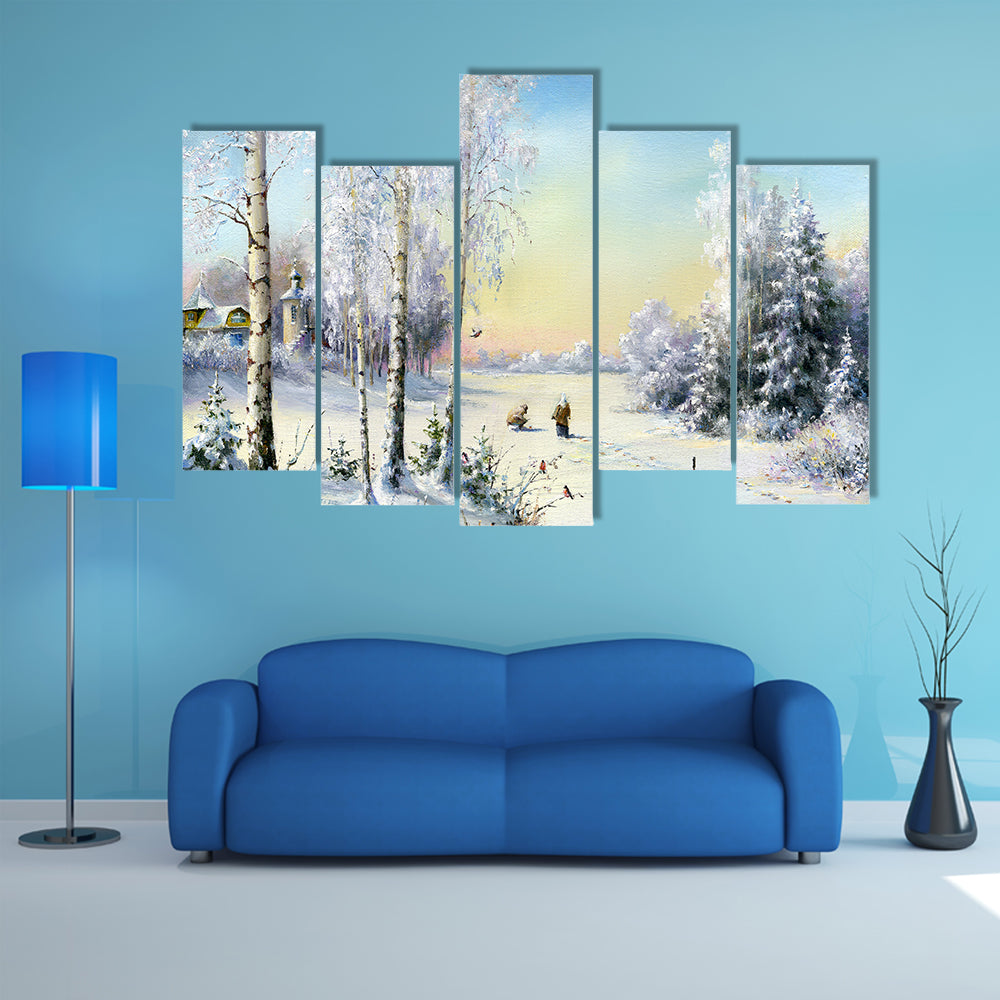 Frozen Lake In Winter Village Canvas Wall Art