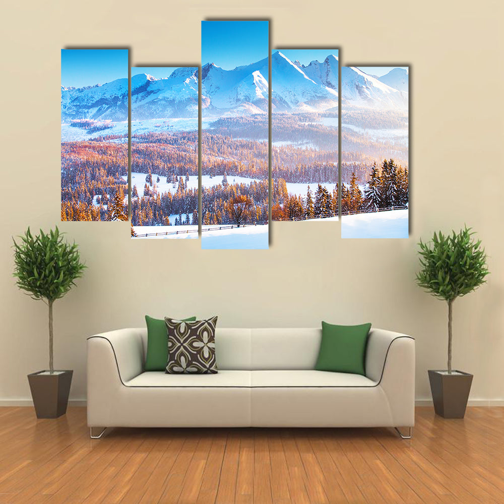 Snowy Mountain Peaks In Frosty Morning Canvas Wall Art