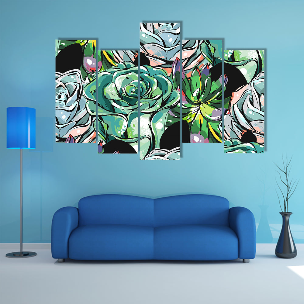 Succulent Cacti Flowers Pattern Canvas Wall Art