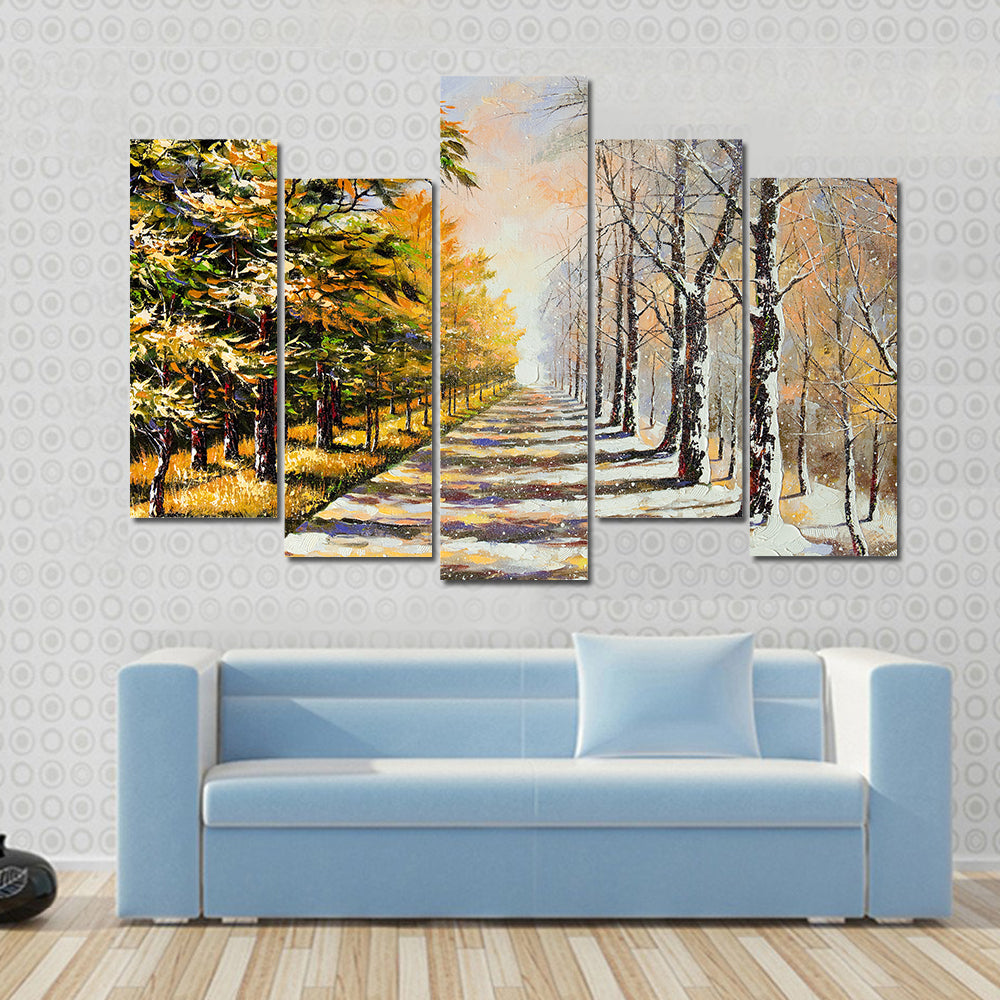 Autumn Walkway with Snow Canvas Wall Art