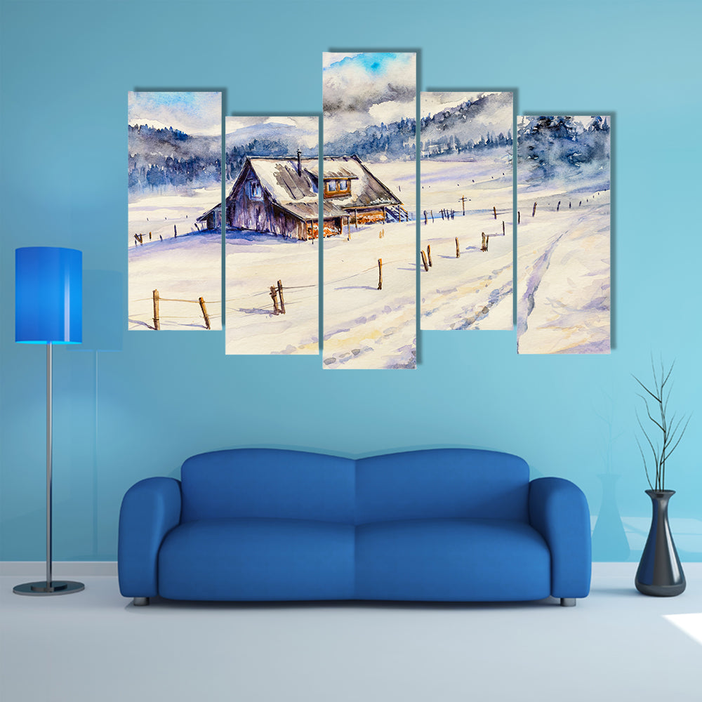 Snowy Cottage in Winter Mountains Canvas Wall Art
