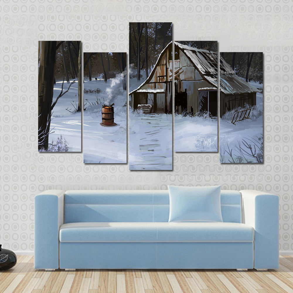 Small Cottage House In The Winter Forest Canvas Wall Art
