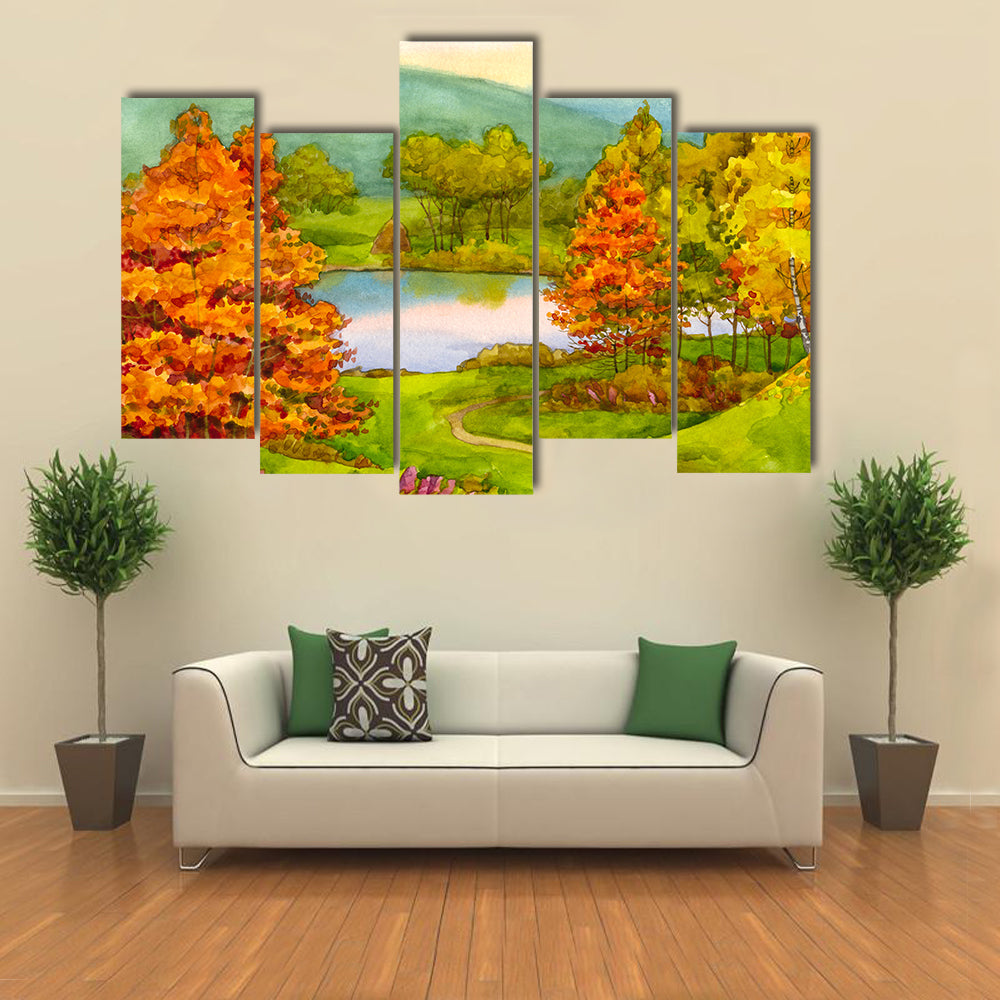 Autumn Lake with Winding Path Canvas Wall Art