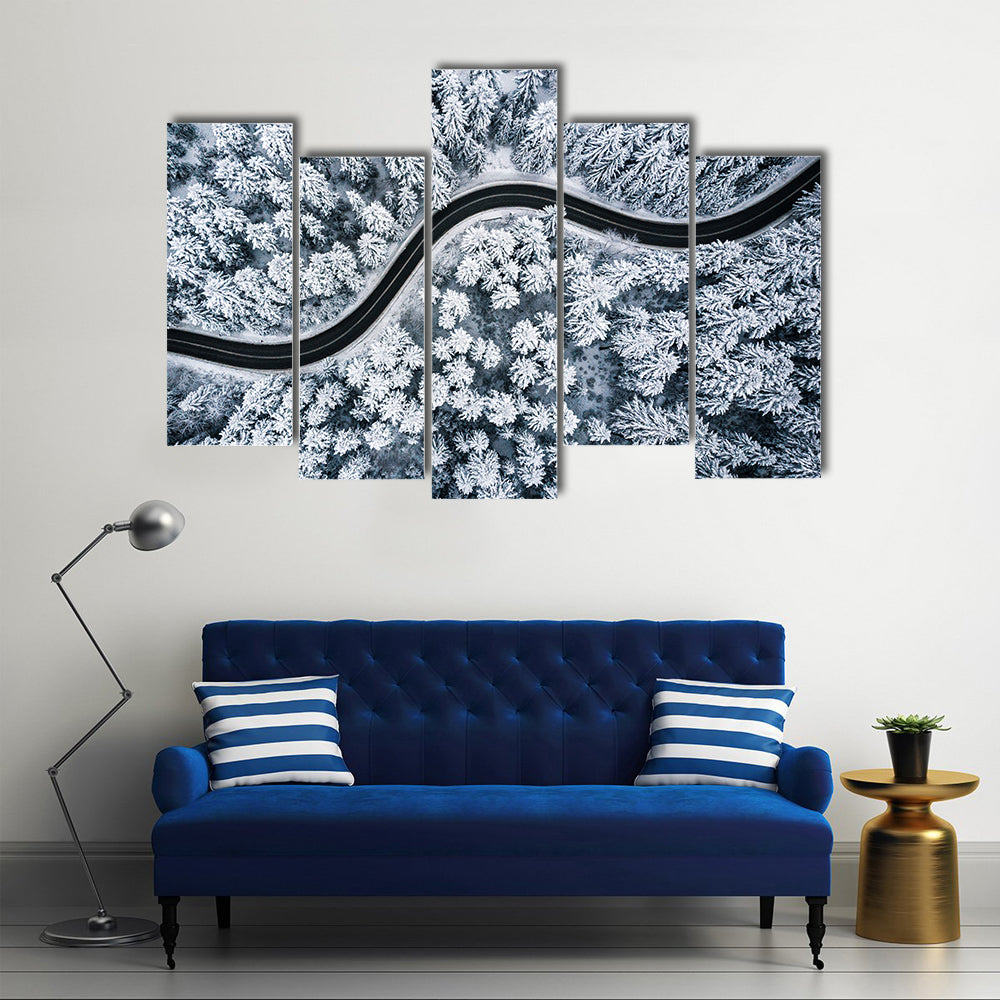 Curvy Windy Road In Snow Covered Forest Canvas Wall Art